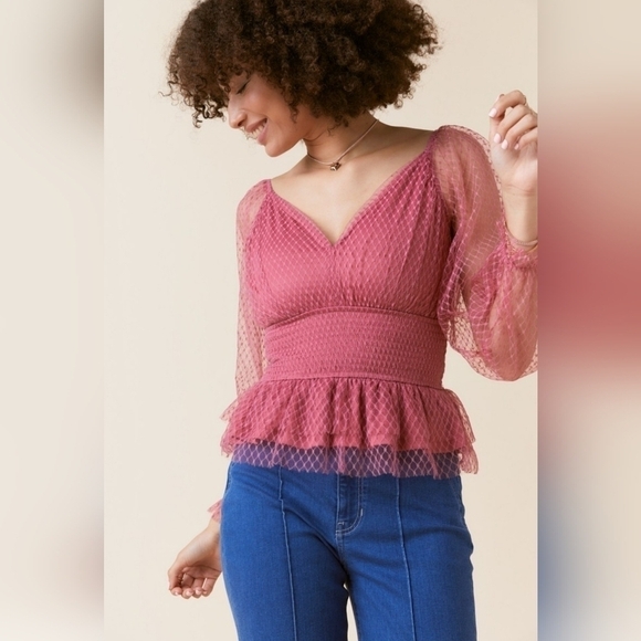 Francesca's Shelley Tulle Smock Peplum Blouse dusty rose size Small - Picture 1 of 5